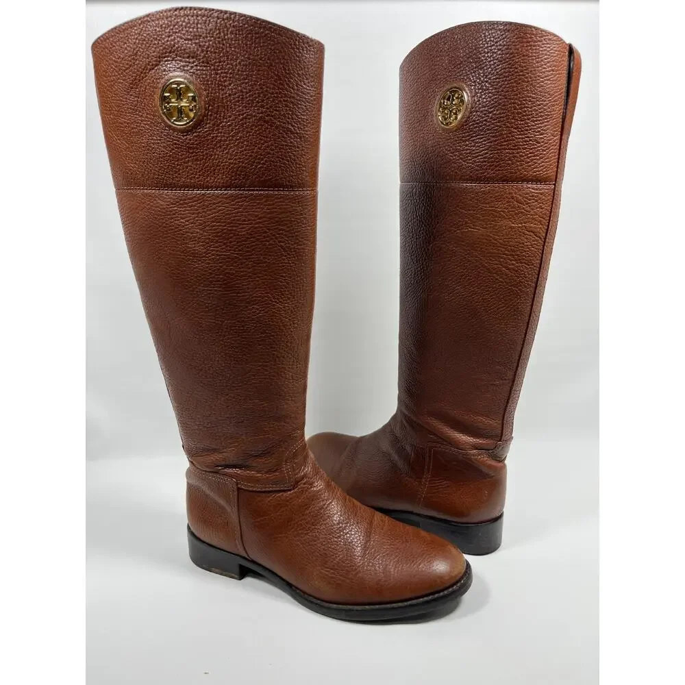 TORY BURCH Boots Womens 8M Junction Riding Equestrian Pebble Leather Brown